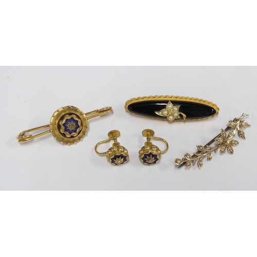74 - 15ct gold seed pearl and black plaque brooch, stamped 15Ct together with a 9ct gold floral seed pear... 