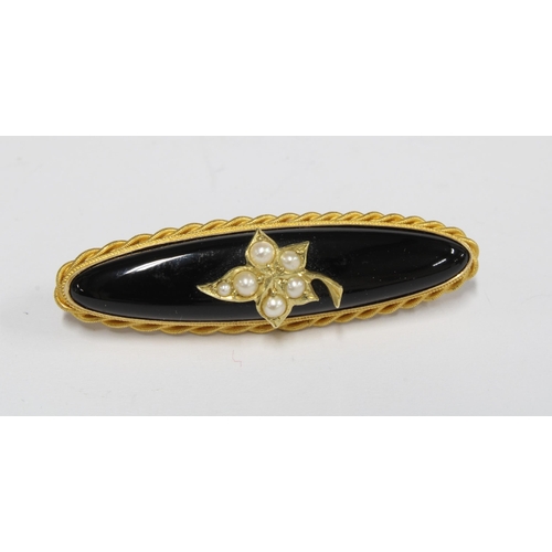 74 - 15ct gold seed pearl and black plaque brooch, stamped 15Ct together with a 9ct gold floral seed pear... 