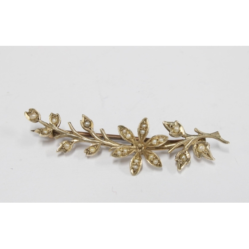 74 - 15ct gold seed pearl and black plaque brooch, stamped 15Ct together with a 9ct gold floral seed pear... 