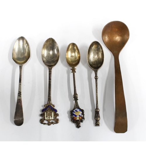 90 - Georgian silver teaspoon, three other silver teaspoons and a copper spoon (5)