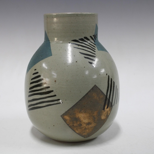 446 - Three studio pottery vases to include a large vase of slender proportions, a white glazed Brannam ba... 
