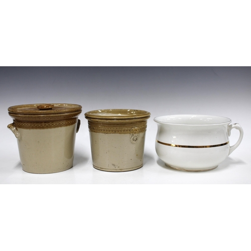 447 - Two vintage dairy crocks, one with a cover together with a white glazed chamber pot, (3)