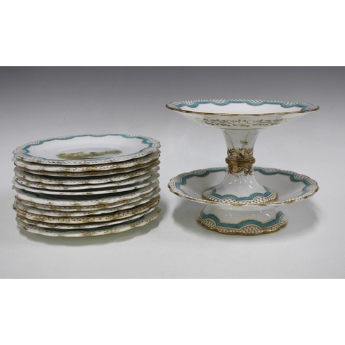 449 - English porcelain dessert service with landscape patterns, to include plates, tazza and comport, (14... 