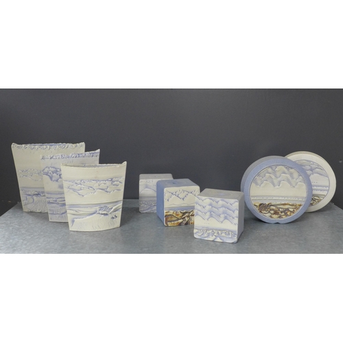 451 - Duncan Hood Dunnydeer studio pottery landscape and sea textured vases, tallest 12cm, together with t... 