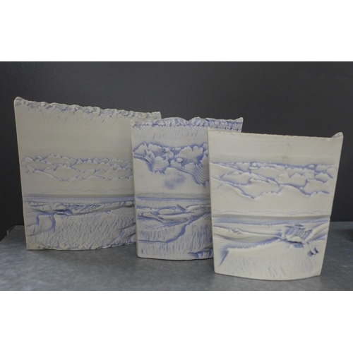 451 - Duncan Hood Dunnydeer studio pottery landscape and sea textured vases, tallest 12cm, together with t... 