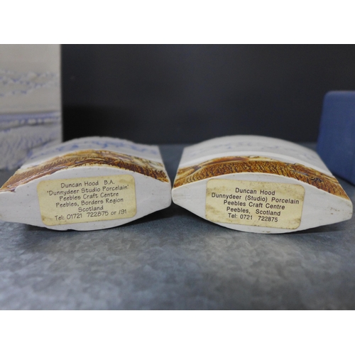 451 - Duncan Hood Dunnydeer studio pottery landscape and sea textured vases, tallest 12cm, together with t... 