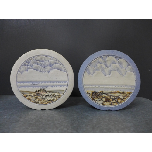 451 - Duncan Hood Dunnydeer studio pottery landscape and sea textured vases, tallest 12cm, together with t... 