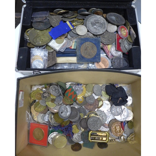 459 - A metal case and box containing a quantity of coins and medallions, etc. (2)