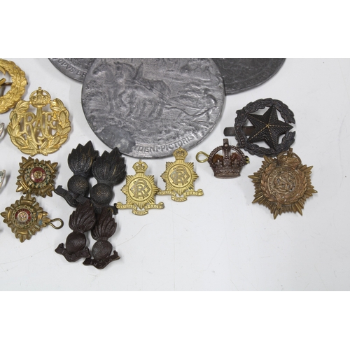 A collection of military cap badges, buttons, etc various pen / fruit ...