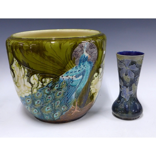 455 - Large Minton's Secessionist peacock jardiniere planter, 42 x 35cm, together with a Royal Doulton flo... 