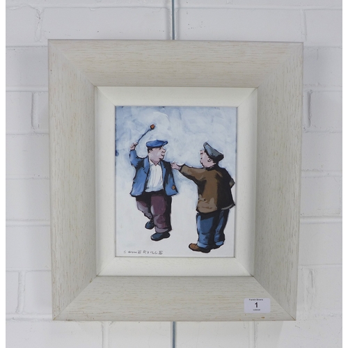 1 - GEORGE SOMERVILLE (SCOTTISH b.1947), untitled oil on board of two men playing conkers, signed and fr... 