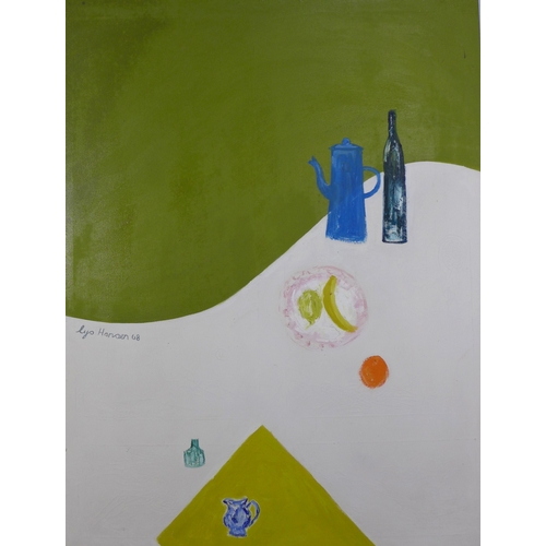 LYS HANSEN (SCOTTISH b. 1936), STILL LIFE WITH BLUE COFFEE POT, oil on canvas, signed and dated 08, framed 98 x 127cm
