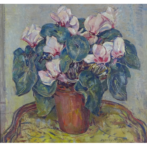 DOROTHY JOHNSTONE A.R.S.A (SCOTTISH 1892-1980), CYCLAMEN IN A POT, oil on board, signed and dated 1952, framed  45 x 43cm, Aberdeen Art Gallery label and inscribed verso.  Provenance: by descent through the artists family.