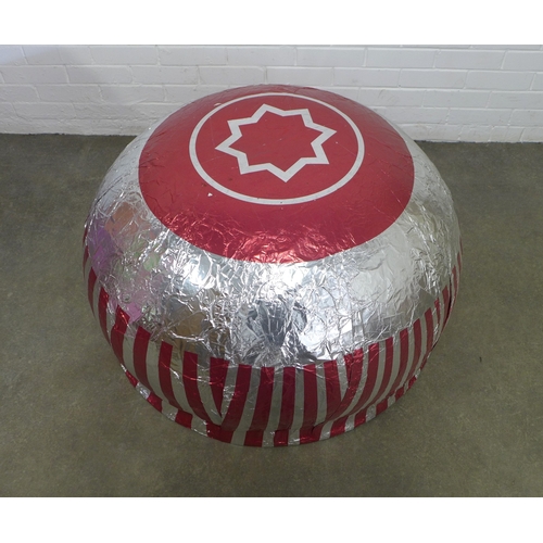 GLASGOW COMMONWEALTH GAMES, GIANT TUNNOCK'S TEACAKE MODEL made from moulded foam and covered in red and silver foil, from the opening ceremony of the 2014 Glasgow Commonwealth Games, with Official Memorabilia of Glasgow 2014 hologram tag, 98cm diameter.