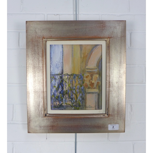 2 - JOAN RENTON R.S.W., S.S.A., S.S.W.A. (SCOTTISH 1935-), BALCONY, SIENNA, oil on canvas, signed and fr... 