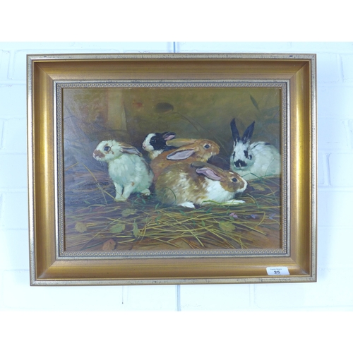 25 - Untitled oil on board of five rabbits, unsigned, framed 39 x 29cm