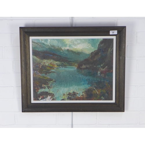 28 - HAMISH LAWRIE (SCOTTISH 1919-1987), HIGHLAND LOCHAN, oil on board, signed and framed under glass, 43... 