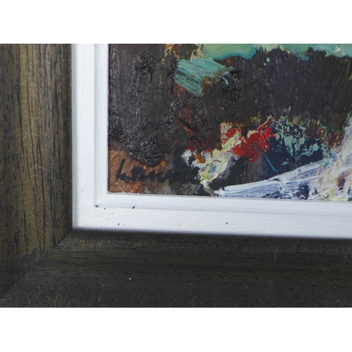 28 - HAMISH LAWRIE (SCOTTISH 1919-1987), HIGHLAND LOCHAN, oil on board, signed and framed under glass, 43... 
