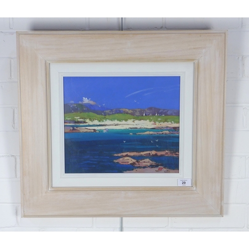 29 - JAMES ORR (SCOTTISH 1931 - 2019), SANNA FROM THE SEA, acrylic onboard, signed and framed under glass... 