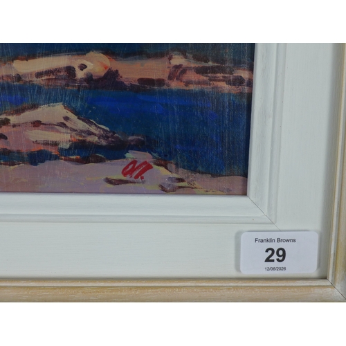 29 - JAMES ORR (SCOTTISH 1931 - 2019), SANNA FROM THE SEA, acrylic onboard, signed and framed under glass... 