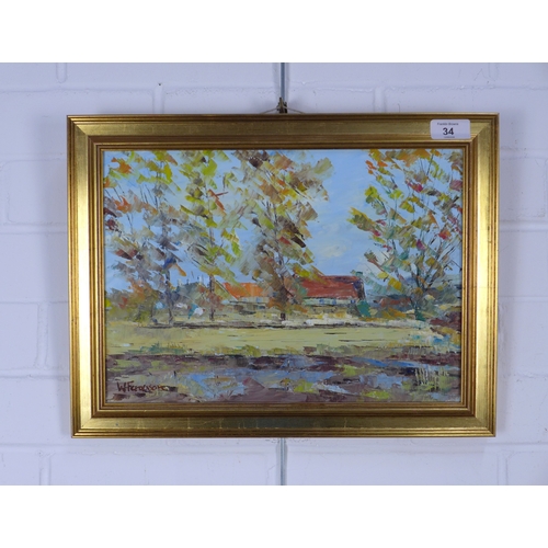 34 - WILLIAM FERGUSON, (SCOTTISH CONTEMPORARY), GRANGE COTTAGES, EAST LINTON, oil on board, signed, in gi... 