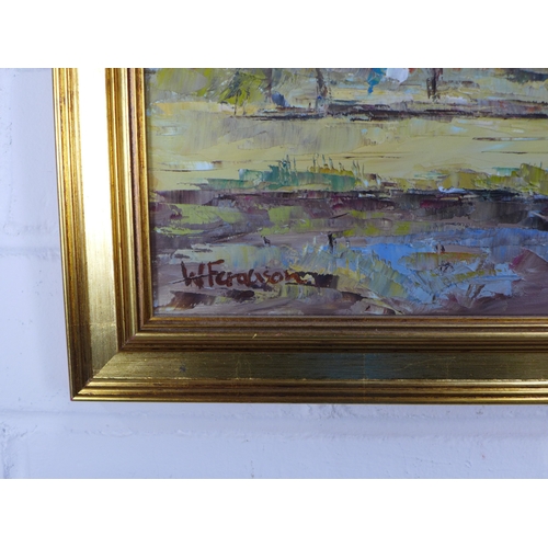 34 - WILLIAM FERGUSON, (SCOTTISH CONTEMPORARY), GRANGE COTTAGES, EAST LINTON, oil on board, signed, in gi... 