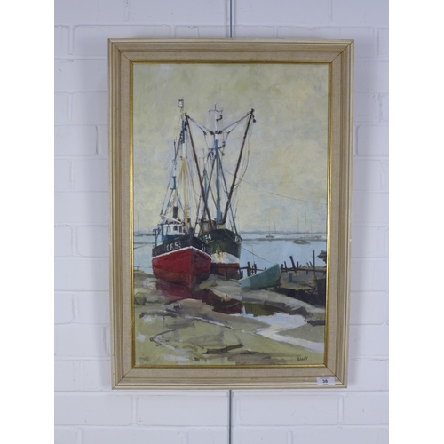 38 - PETER CECIL KNOX (ENGLISH b.1942), FISHING BOATS, oil on board, signed and framed, 41 x 64cm.