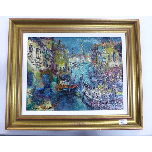 48 - HAMISH LAWRIE (SCOTTISH 1919-1987), VENETIAN CANAL SCENE, oil onboard, signed and framed, 44 x 34cm