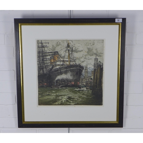 58 - LUIGI KASIMIR (AUSTRIAN / HUNGARIAN 1881 - 1962), PITTSBURGH SHIP, HAMBURG HARBOUR, 1924, coloured e... 
