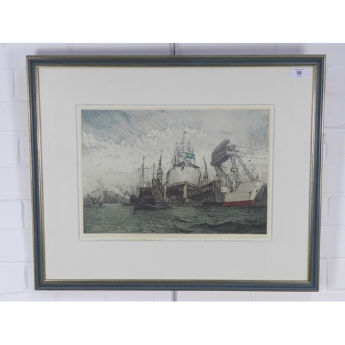 59 - LUIGI KASIMIR (AUSTRIAN / HUNGARIAN 1881 - 1962), DISA STOCKHOLM, HAMBURG HARBOUR, colour etching, p... 