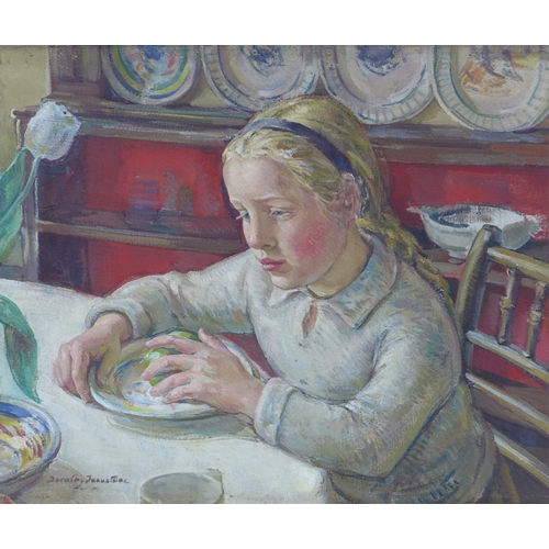 DOROTHY JOHNSTONE A.R.S.A (SCOTTISH 1892-1980), ANNE (The Artist's Daughter) EATING AN APPLE, oil on canvas, signed, on a stretcher but unframed, 61 x 50cm. (historic repair to canvas and an unfinished work verso)  Provenance: by descent through the artists family