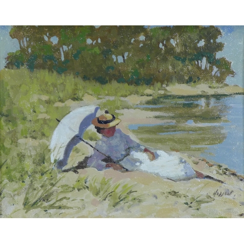 JACK HOGGAN (JACK VETTRIANO OBE) (SCOTTISH 1951 - 2025), WOMAN RESTING, oil on board, signed and framed, 24 x 19cm.