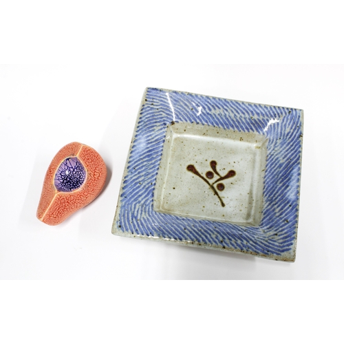 WILLIAM PLUMPTRE (b.1959) studio pottery square dish, 15cm, together with a crystalline glazed slice of fruit/ avocado, possibly Kate Malone (2)
