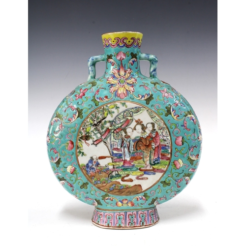 128 - A Chinese Qing Dynasty Famille Rose turquoise-ground moon vase, painted with female courtly attendan... 