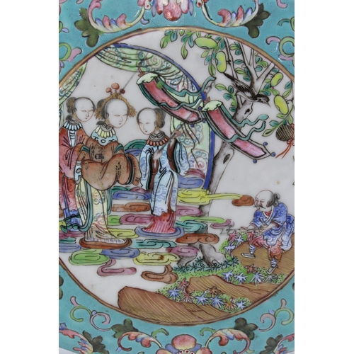 128 - A Chinese Qing Dynasty Famille Rose turquoise-ground moon vase, painted with female courtly attendan... 
