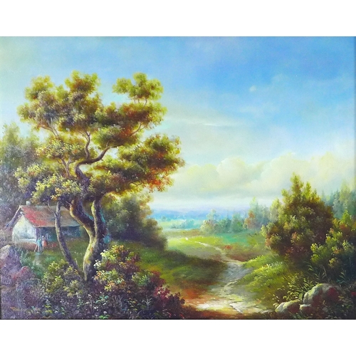 154 - CONTINENTAL SCHOOL, a pair of untitled landscape oil on board panels, signed indistinctly and with g... 