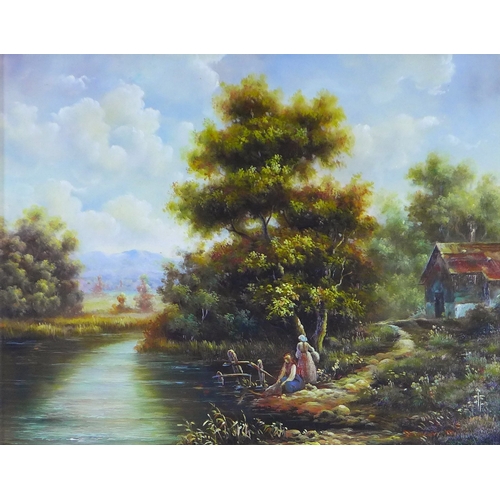 154 - CONTINENTAL SCHOOL, a pair of untitled landscape oil on board panels, signed indistinctly and with g... 