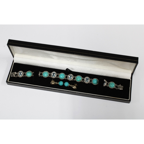 16 - A silver bracelet with a turquoise and paste panels together with a pair of earrings (2)