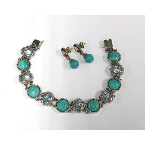 16 - A silver bracelet with a turquoise and paste panels together with a pair of earrings (2)