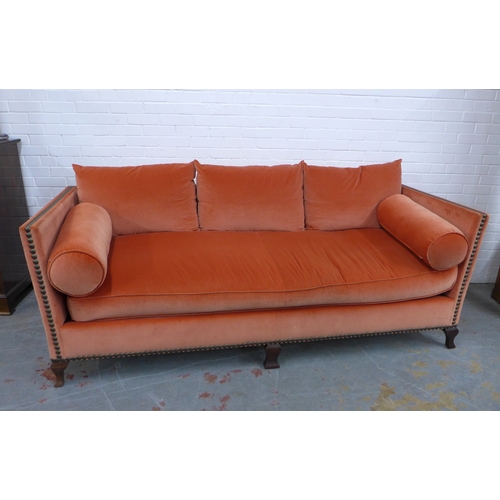 266 - Regency style Country house three seater settee upholstered in plush coral with studded trim, with s... 