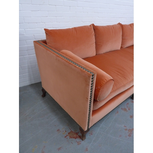 266 - Regency style Country house three seater settee upholstered in plush coral with studded trim, with s... 