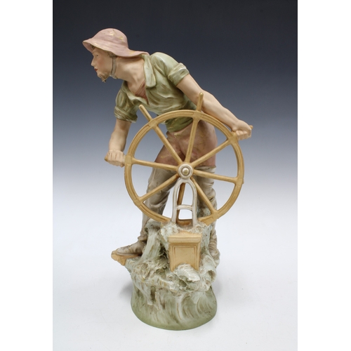 332 - Royal Dux Bohemia helmsman figure No.1836, 47cm, a/f with wheel spoke ends missing.