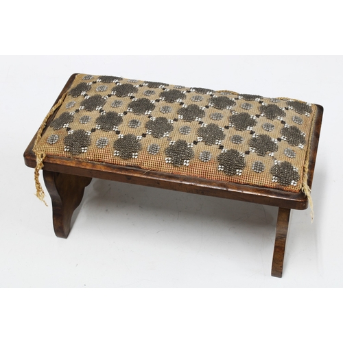 334 - Victorian miniature walnut walnut folding stool with beaded top, 27 x 12 x 15cm