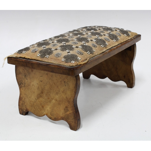 334 - Victorian miniature walnut walnut folding stool with beaded top, 27 x 12 x 15cm