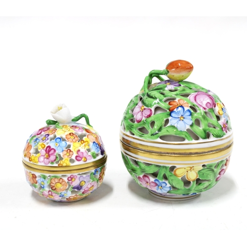 336 - Two Herend porcelain reticulated floral bonbonniere / pot pourri pots with covers, taller 8cm, toget... 