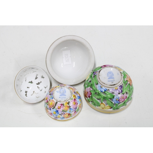 336 - Two Herend porcelain reticulated floral bonbonniere / pot pourri pots with covers, taller 8cm, toget... 