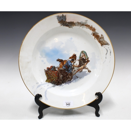 342 - Russian Kornilov Bros porcelain charger, (St. Petersburg, Russia, 1914-17), painted with a Troika wi... 