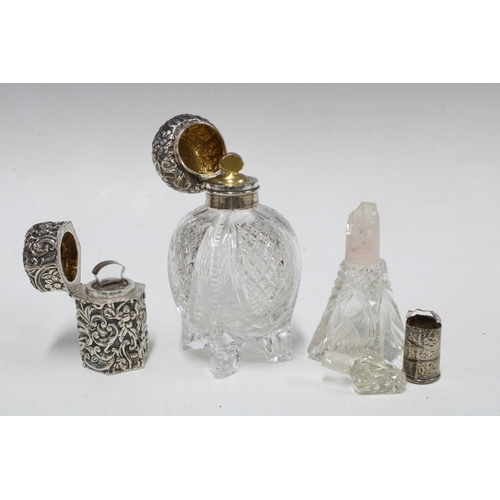 91 - Early 20th century silver mounted glass scent bottle with stopper, 14cm high together with a small s... 