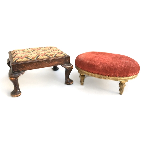 657 - A Louis XVI style oval foot stool, upholstered in red velvet, on giltwood turned legs, together with... 