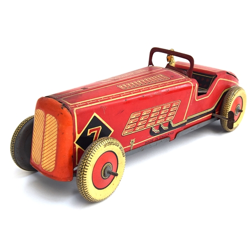 415 - A Metoy tinplate racing car c.1930s-40s, red, racing number '7', with poseable front wheels, fitted ... 